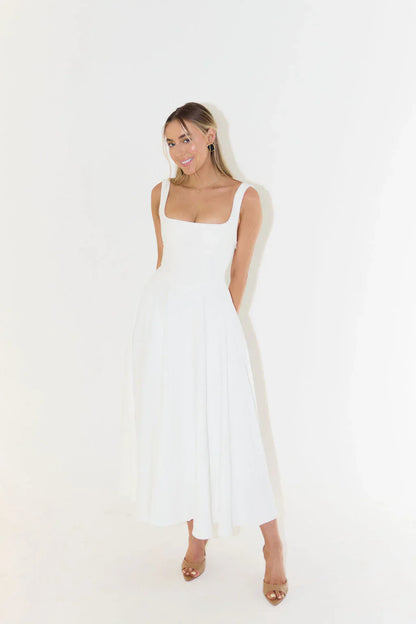 Melanie - Vestido midi con cintura alta y escote elegante